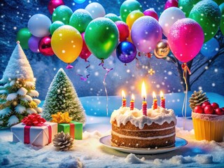 Freshly fallen snow blankets a festive winter wonderland scene, complete with balloons, colorful decorations, and a cake adorned with sparkling candles on a special day.