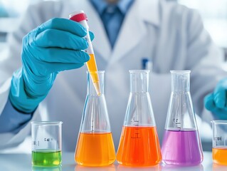 Scientist conducts an experiment with colorful liquids in flasks, showcasing innovation and research in a laboratory setting.