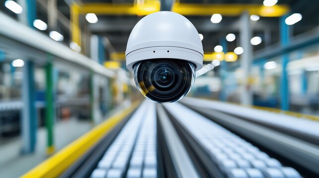 Close-up of a security camera in a modern industrial setting, showcasing advanced surveillance technology for safety and monitoring.