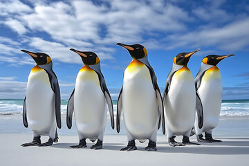 Fototapeta premium Five penguins standing on a beach with a cloudy sky in the background.