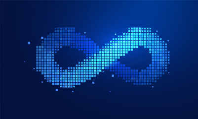 Infinity symbol in pixel digital style. Technological futuristic light effect - design element vector illustration