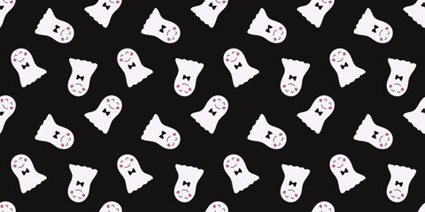 Halloween Seamless pattern with hand drawn cute Ghost on dark background. Holiday backdrop for wrapping paper, fabric, textile, scrapbook. White fun minimalist element for holiday