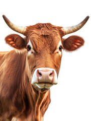 Naklejka premium A cow with prominent horns stands facing directly towards the camera against a plain white background, emphasizing its features.
