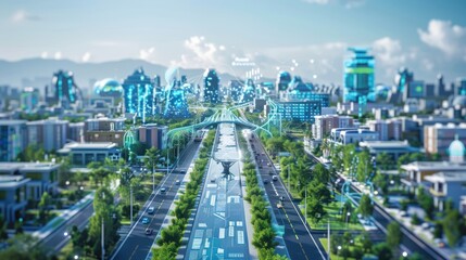 Futuristic Cityscape with Digital Overlays