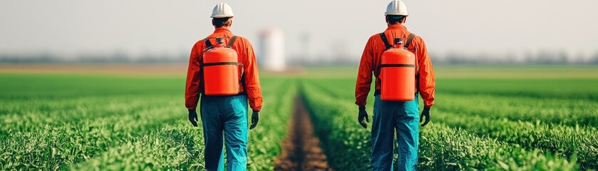 Fototapeta premium Two farmers walking through a vibrant green field, wearing protective gear and ready to tend to their crops under a clear sky.
