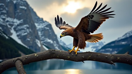 a bird with a mountain in the background and a lake in the background.