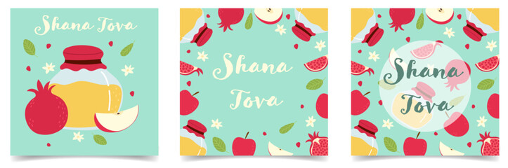 Rosh hashanah  Jewish New Year greeting card, banner, post set with hand drawn flat pomegranate, apple and honey illustration.