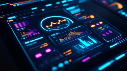 Fototapeta premium User feedback analytics tool, glowing sentiment graphs, holographic review data, futuristic design improvement
