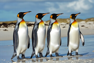 Obraz premium Four king penguins standing on a beach, showcasing their distinctive colors and posture.