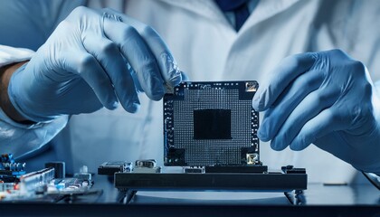 Worker wearing gloves testing electronic components with specialized equipment, electronic testing, quality verification