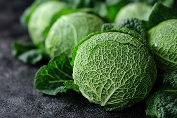 Fototapeta premium Vibrant green vegetables are arranged on a dark surface, showcasing their freshness and quality