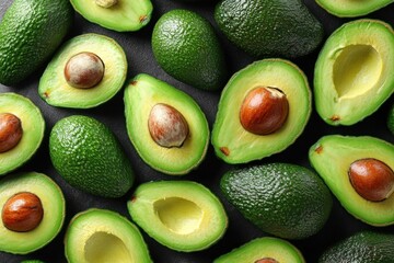 Freshly cut and whole avocados displayed at a bustling vegetable market