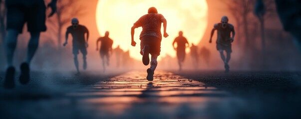 Fototapeta premium Zombies jogging on a moonlit path, promoting physical activity even during Halloween