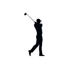 Silhouette of a golfer in action, capturing the dynamic movement of a swing on a golf course. transparent background