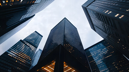 A low-angle view captures towering skyscrapers reaching skyward, emphasizing their grandeur and sleek design. The perspective from below