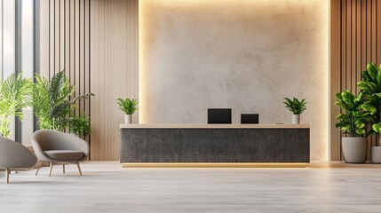 Modern reception area with a sleek desk, two computers, and potted plants, designed for a welcoming atmosphere.