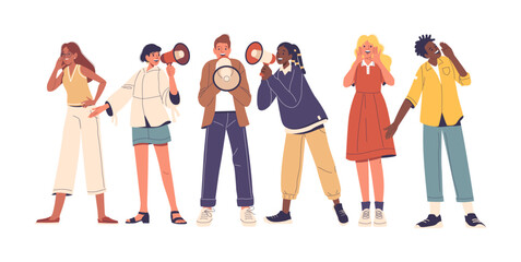 Obraz premium Diverse Group Of People Using Megaphones And Gestures To Capture Attention, Display Expressions Of Enthusiasm
