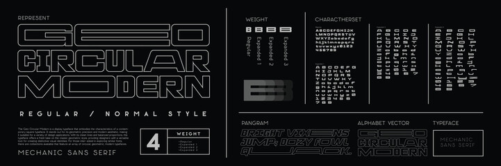 GEO CIRCULAR MODERN SANS SERIF FONT ALPHABET LOGO REGULAR, OBLIQUE-ITALIC, geometric design and unique characters. An expanded typeface with bold, square contemporary design, for headlines.