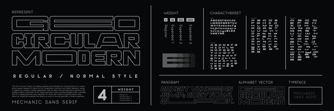 GEO CIRCULAR MODERN SANS SERIF FONT ALPHABET LOGO REGULAR, OBLIQUE-ITALIC, geometric design and unique characters. An expanded typeface with bold, square contemporary design, for headlines.