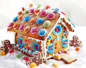snow-covered gingerbread house with colorful candy decorations 