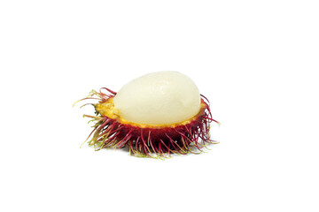 Single rambutan fruit half peeled