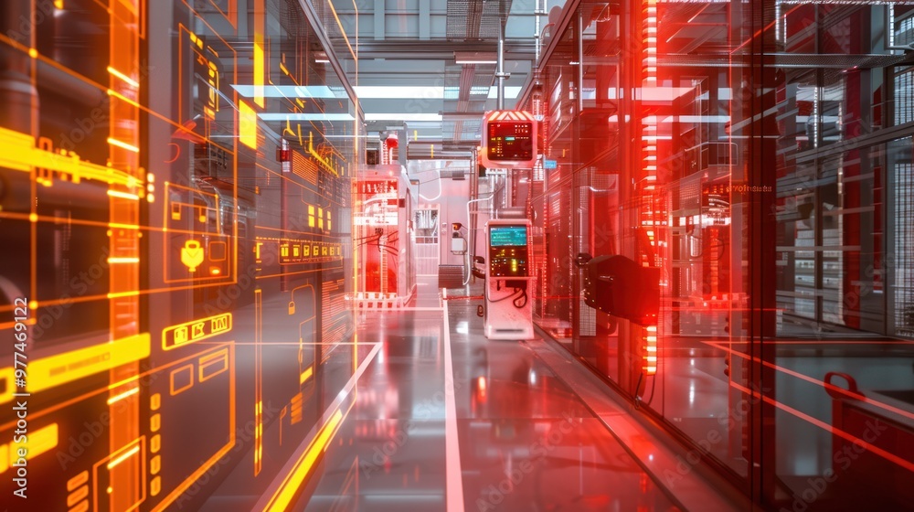 Canvas Prints Futuristic Server Room with Red and Orange Lights