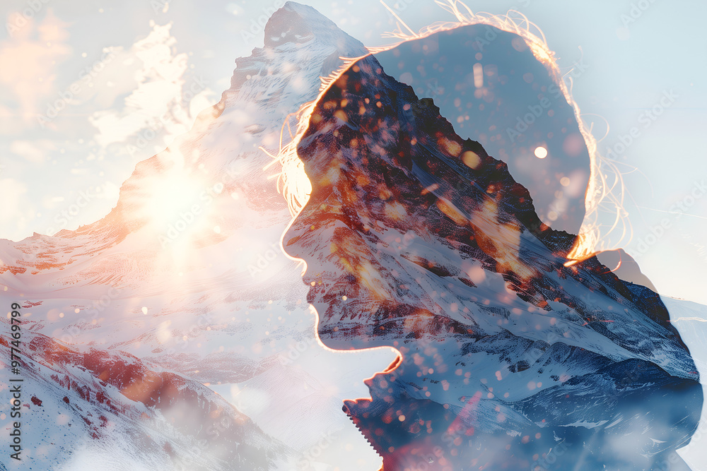 Wall mural inner mountain: a double exposure portrait of a woman gazing towards the horizon, her profile blendi