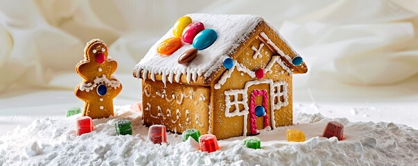 snow-covered gingerbread house with colorful candy decorations set on a white background.