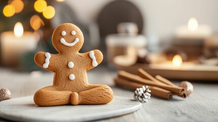 Gingerbread men doing yoga, surrounded by holiday decor, a playful take on health and fitness