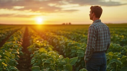 Fototapeta premium detailed view of a young agriculturalist working in soybean fields, emphasizing the effort and commitment to crop growth