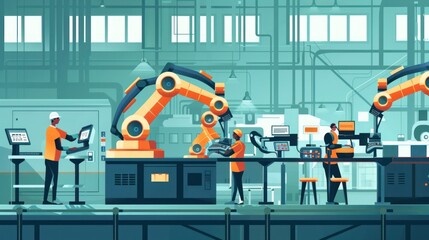 Fototapeta premium Industrial Automation: Workers and Robots Collaborate on Assembly Line