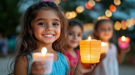 A smiling young girl holds a candlelit lantern at an outdoor festival, surrounded by soft, blurred lights, creating a magical and festive atmosphere.