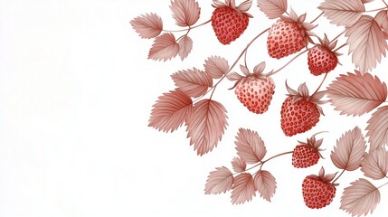 Monochromatic watercolor illustration of strawberry branches with leaves and ripe fruit.