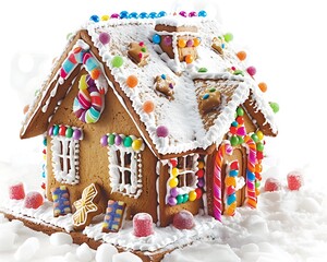 snow-covered gingerbread house with colorful candy decorations set on a white background.