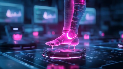 A futuristic medical environment where a knee joint is being scanned, with glowing indicators showing how orthopedic gels improve joint health