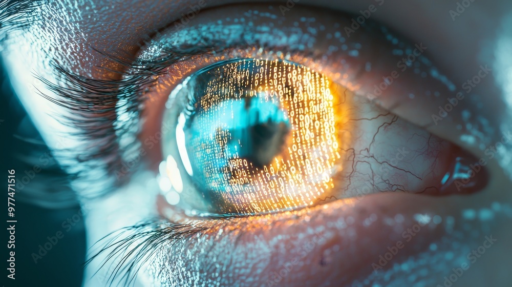 Poster A multicolored human iris and pupil are formed after a flash of light scatters out of a bright binary circle. 3D rendering background.