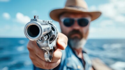 Wearing a hat and sunglasses, a man points a revolver at the camera against a bright ocean backdrop, blending mystery, adventure, and vintage style.