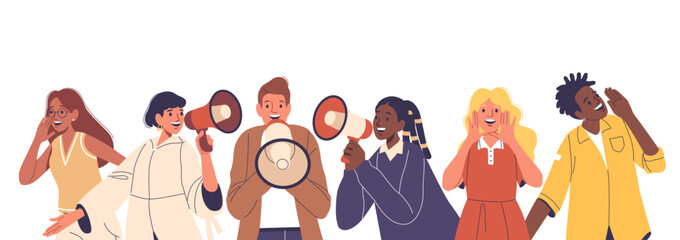 Diverse Group Of People Cheerfully Using Megaphones And Hand Gestures To Communicate And Share A Message