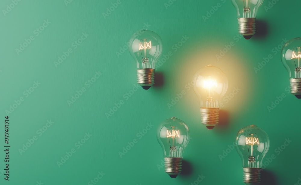 Poster an idea concept with a row of light bulbs and glowing bulbs