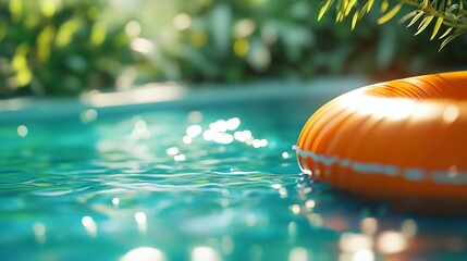 A shimmering pool with vibrant blues and an orange float creates a refreshing summer vibe.