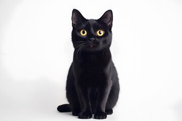 A black cat with yellow eyes is laying on a white background