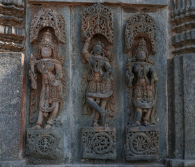 Intricate carvings and sculptures of the Hoysala temples in Belur, India.