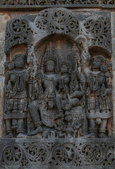 Intricate carvings and sculptures of the Hoysala temples in Belur, India.