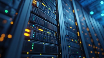 A close-up of data storage servers in a data center, showcasing solid-state drives and efficient cooling systems for optimal performance.