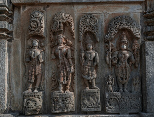 Intricate carvings and sculptures of the Hoysala temples in Belur, India.