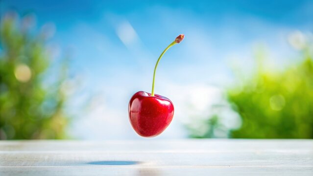 Cherry flying in the air on a sunny day with white background, cherry, fruit, flying, air, fresh, healthy, red, ripe, sunlight