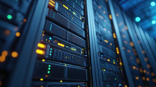 A close-up of data storage servers in a data center, showcasing solid-state drives and efficient cooling systems for optimal performance.