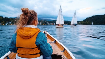 Fototapeta premium A woman wearing an orange life vest is sitting in a wooden boat on a lake, looking towards sailboats in the distance with a serene landscape around. The scene signifies tranquility.