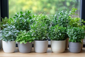 Fototapeta premium Several lush potted plants line a sunlit windowsill, creating a lively indoor garden