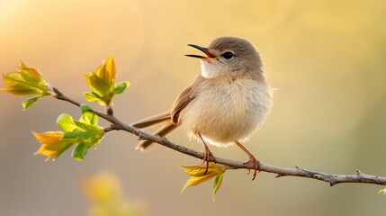 Obraz premium Singing Warbler on a Branch, Small songbird with fluffed feathers, Bright background of soft golden hues